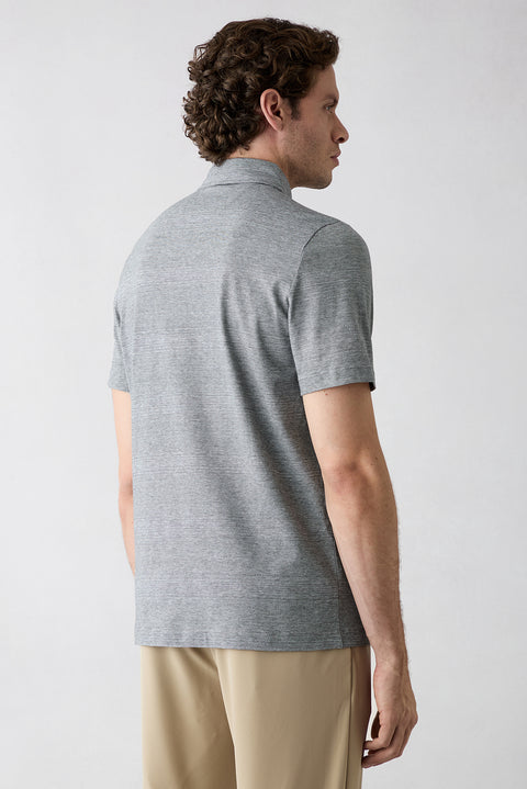 Light Grey Melange Regular Fit Button-Up Polo Neck Pocketed Patterned 100% Cotton Breathable Mercerized T-Shirt