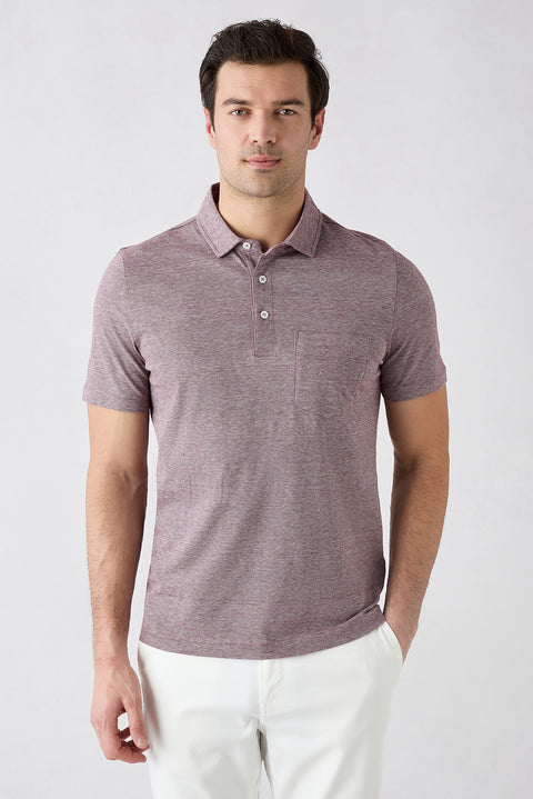 Koyu Bordo Regular Fit Düğmeli Polo Yaka Cepli Desenli %100 Pamuk Nefes Alabilen Merserize Tişört