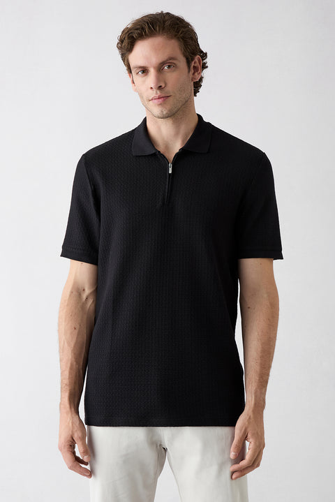 Black Polo Collar Regular Fit Cotton Patterned T-shirt