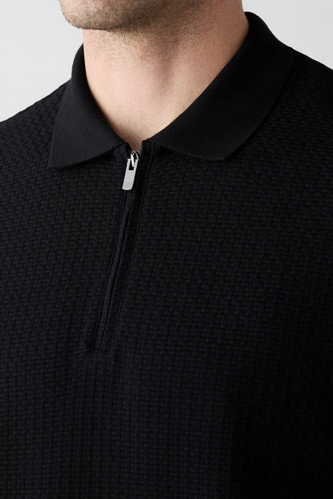 Black Polo Collar Regular Fit Cotton Patterned T-shirt