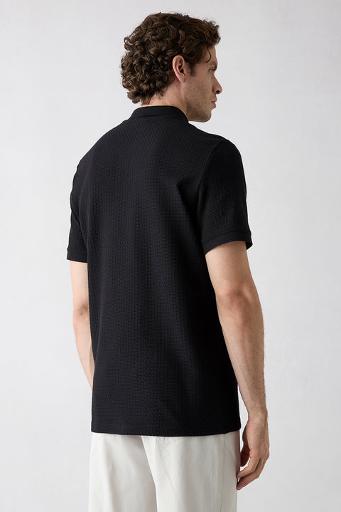 Black Polo Collar Regular Fit Cotton Patterned T-shirt