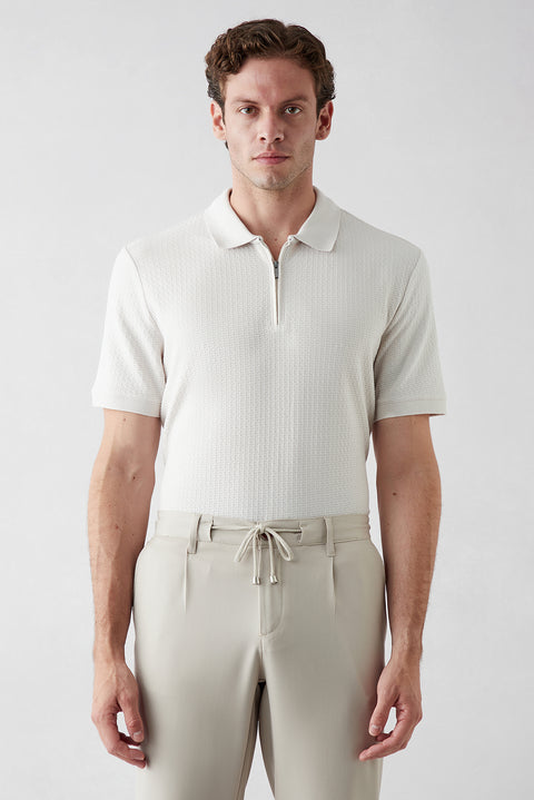 Taş Fermuarlı Polo Yaka Regular Fit %100 Pamuk Desenli Tişört