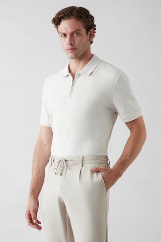  Taş Fermuarlı Polo Yaka Regular Fit %100 Pamuk Desenli Tişört