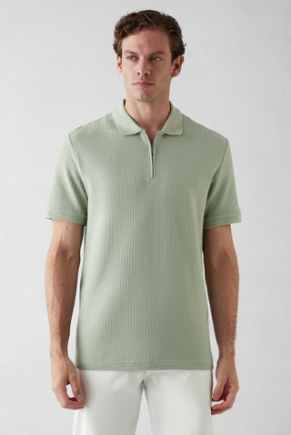  Çağla Yeşili Fermuarlı Polo Yaka Regular Fit %100 Pamuk Desenli Tişört