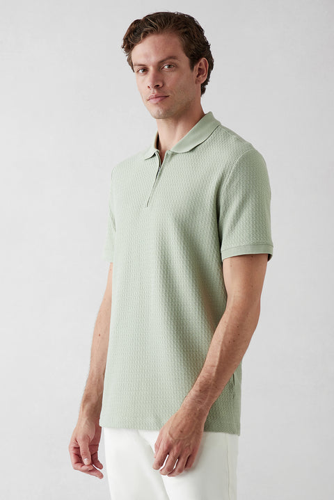 Light Green Polo Collar Regular Fit Cotton Patterned T-shirt
