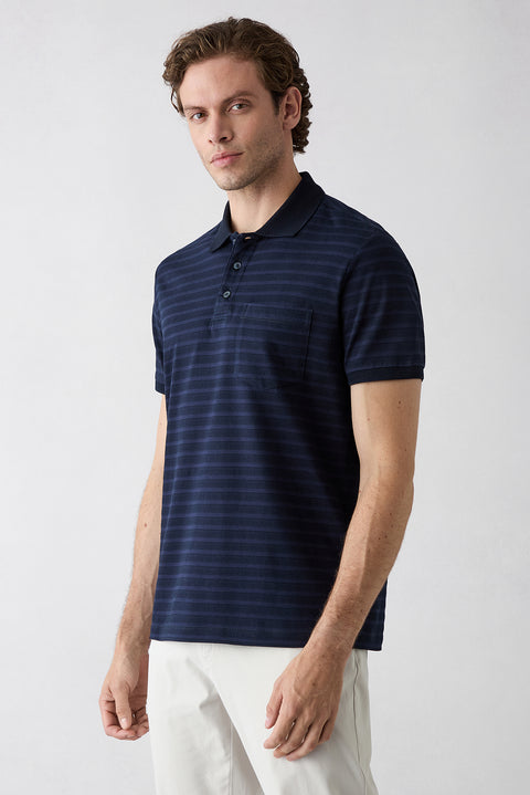 Dark Navy Regular Fit Crew Neck Striped Cotton T-shirt