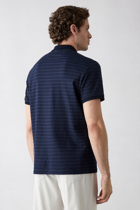 Dark Navy Regular Fit Crew Neck Striped Cotton T-shirt