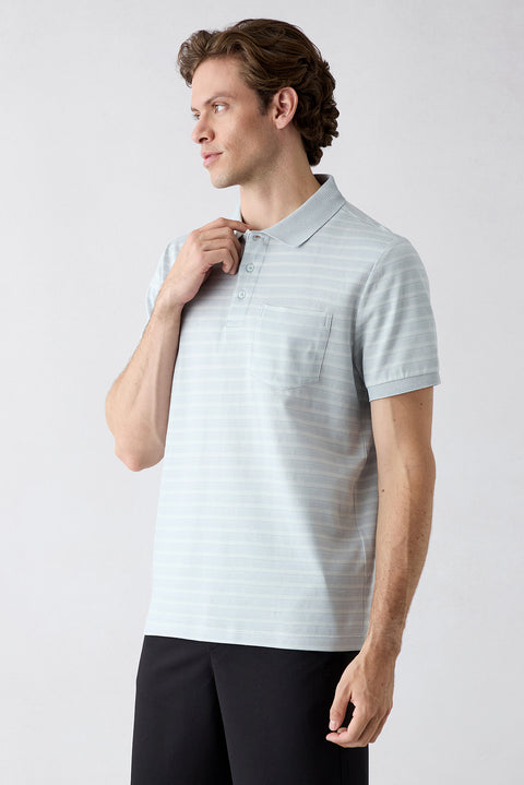 Light Blue Regular Fit Crew Neck Striped Cotton T-shirt