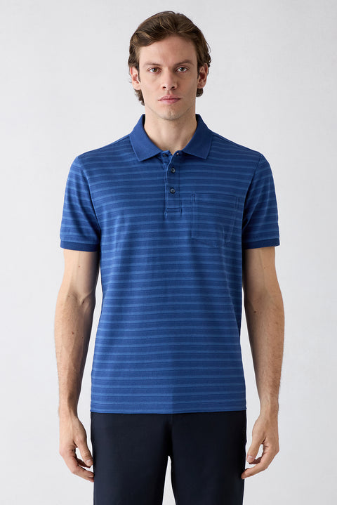 Navy Blue Regular Fit Crew Neck Striped Cotton T-shirt