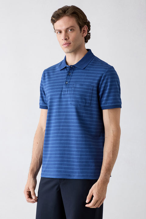 Navy Blue Regular Fit Crew Neck Striped Cotton T-shirt