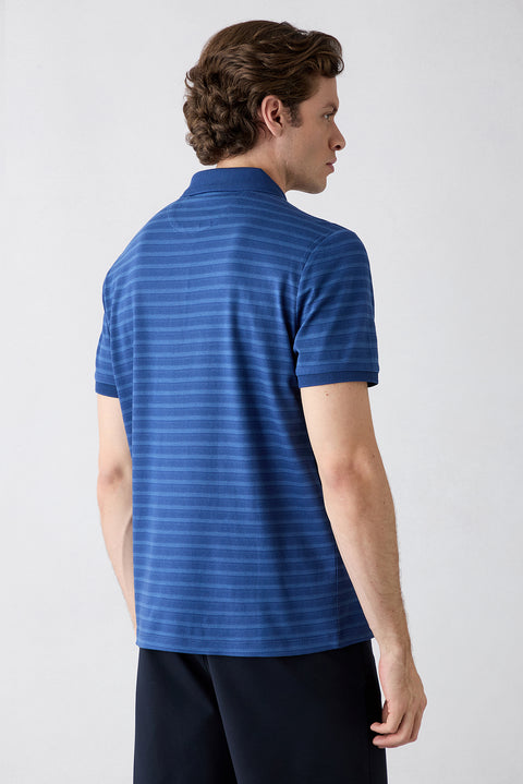 Navy Blue Regular Fit Crew Neck Striped Cotton T-shirt