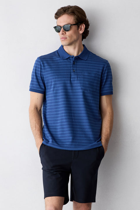 Navy Blue Regular Fit Crew Neck Striped Cotton T-shirt