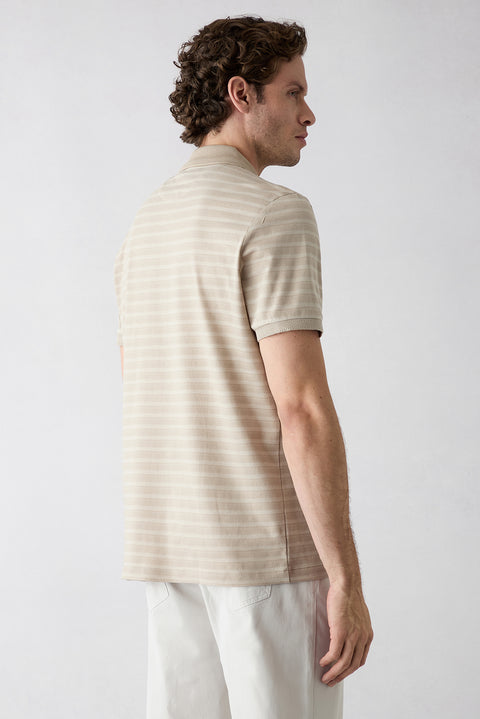 Light Beige Regular Fit Crew Neck Striped Cotton T-shirt