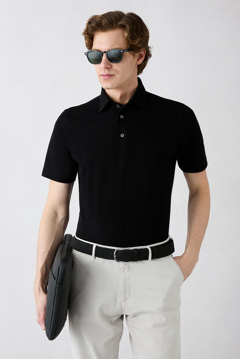 Siyah Regular Fit Pamuk Düğmeli Polo Yaka Tişört