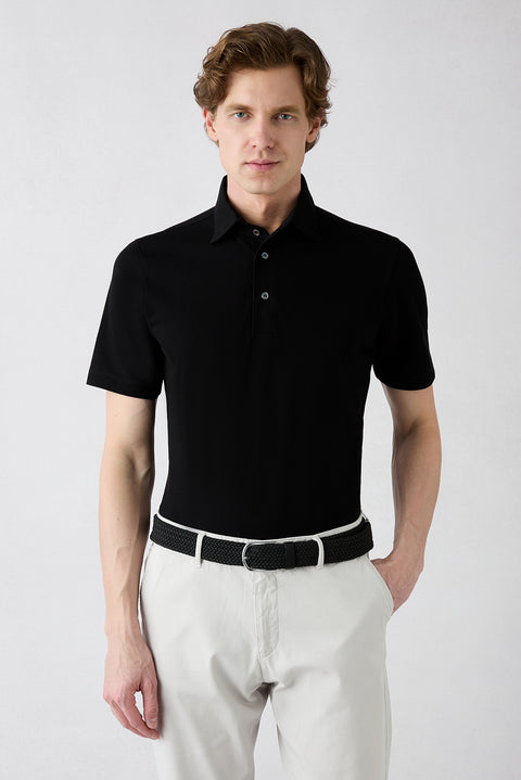 Siyah Regular Fit Pamuk Düğmeli Polo Yaka Tişört