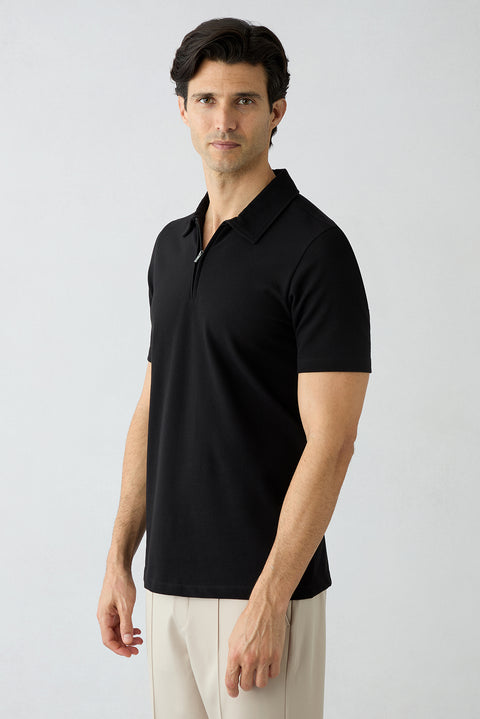 Siyah Regular Fit %100 Pamuk Fermuarlı Polo Yaka Tişört