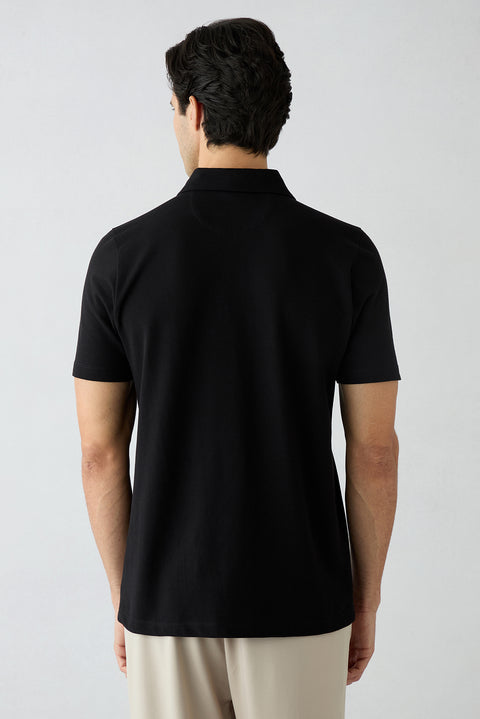 Siyah Regular Fit %100 Pamuk Fermuarlı Polo Yaka Tişört