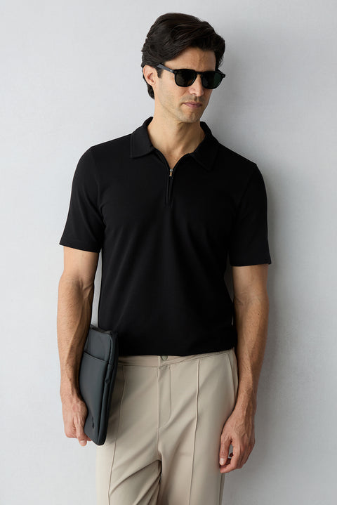Siyah Regular Fit %100 Pamuk Fermuarlı Polo Yaka Tişört