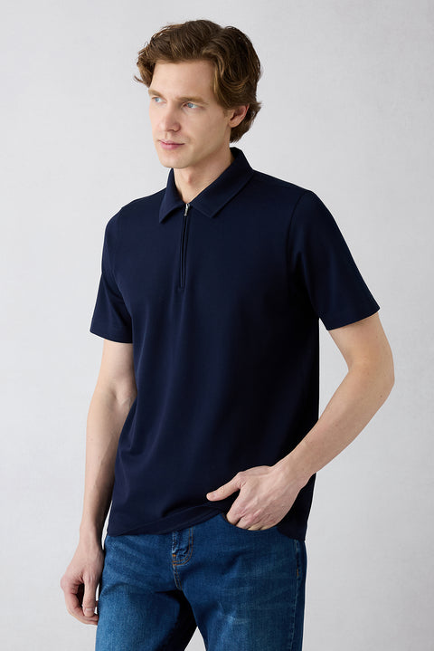 Dark Navy Regular Fit Cotton Zippered Polo Neck T-Shirt