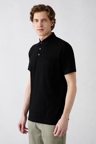  Siyah Regular Fit Pamuk Düğmeli Cepli Polo Yaka Tişört