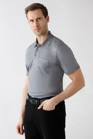  Siyah Regular Fit Desenli Nakışlı Cepli Düğmeli Polo Yaka Tişört