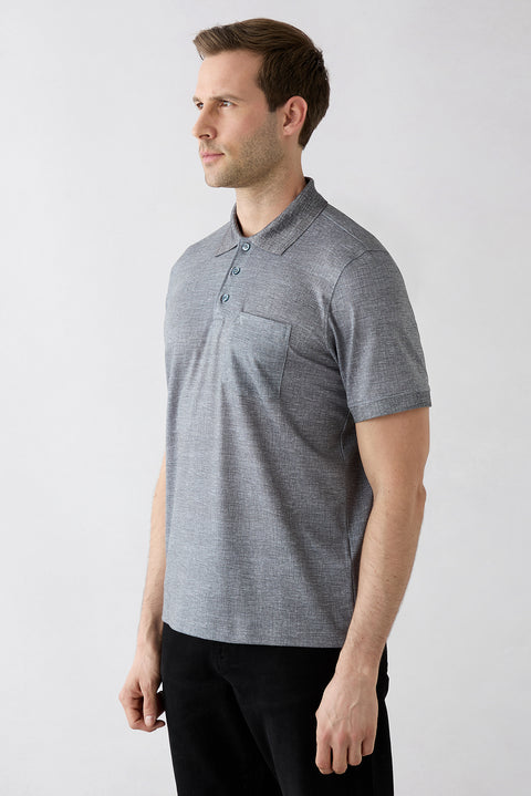 Black Regular Fit Patterned Embroidered Pocket Buttoned Polo Neck T-Shirt