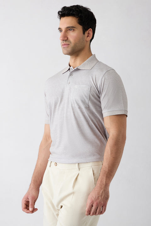 Açık Bej Regular Fit Desenli Nakışlı Cepli Düğmeli Polo Yaka Tişört