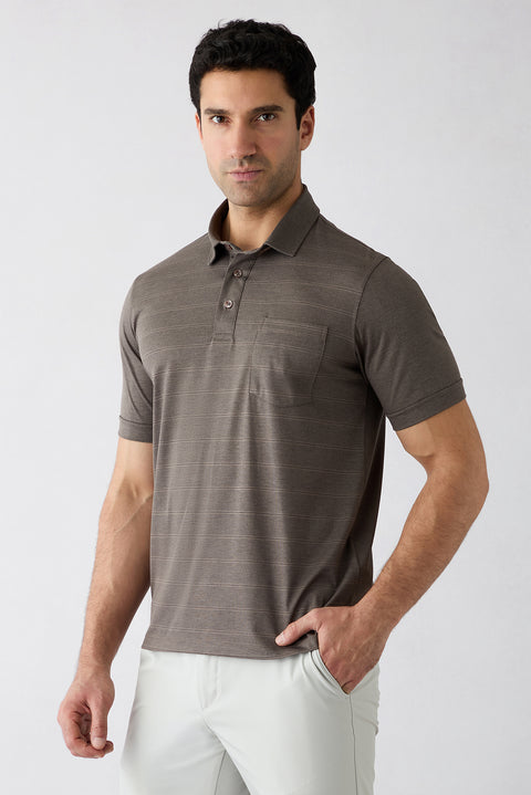 Orta Kahve Regular Fit Çizgili Cepli Düğmeli Polo Yaka Tişört
