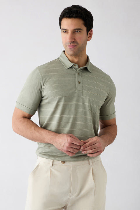 Açık Haki Regular Fit Çizgili Cepli Düğmeli Polo Yaka Tişört