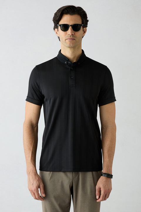 Siyah Slim Fit Desenli Düğmeli Polo Yaka Tişört
