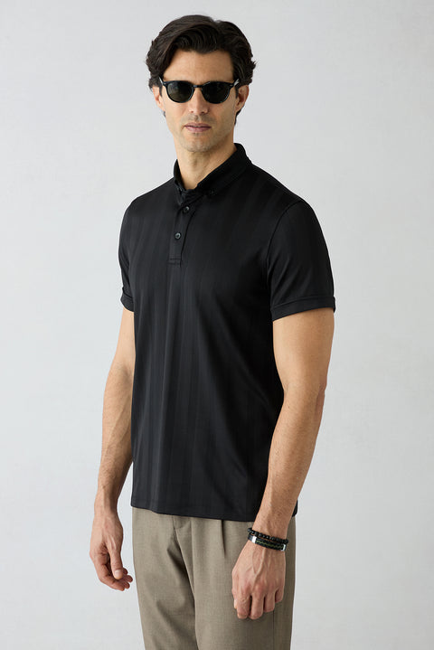 Siyah Slim Fit Desenli Düğmeli Polo Yaka Tişört