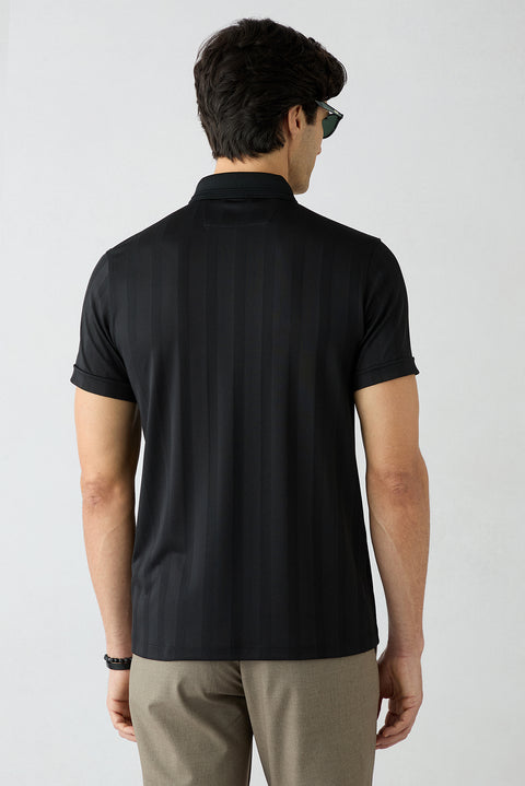 Siyah Slim Fit Desenli Düğmeli Polo Yaka Tişört