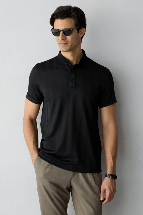 Siyah Slim Fit Desenli Düğmeli Polo Yaka Tişört