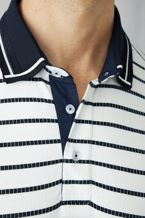 White Polo Collar Regular Fit Striped T-shirt