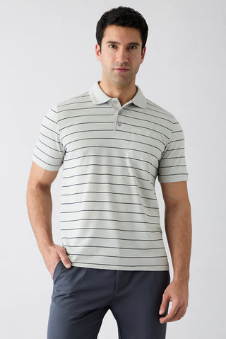  Açık Gri Regular Fit Çizgili Cepli Düğmeli Polo Yaka Tişört