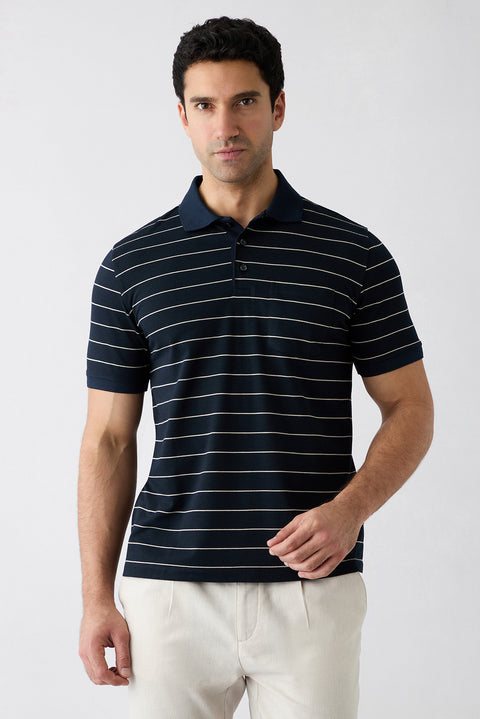 Orta Lacivert Regular Fit Çizgili Cepli Düğmeli Polo Yaka Tişört