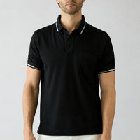 Siyah Polo Yaka Regular Fit Ribana Detaylı Nakışlı Cepli Tişört
