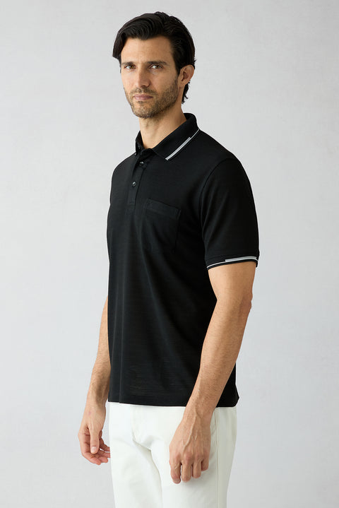 Siyah Polo Yaka Regular Fit Ribana Detaylı Nakışlı Cepli Tişört