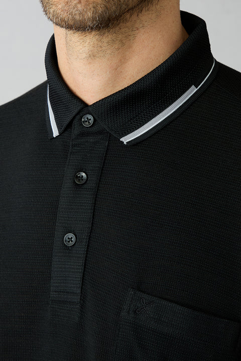 Siyah Polo Yaka Regular Fit Ribana Detaylı Nakışlı Cepli Tişört