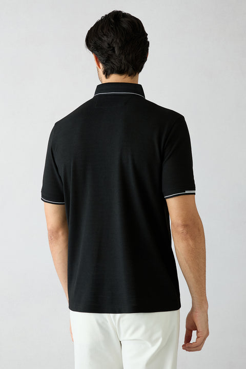 Siyah Polo Yaka Regular Fit Ribana Detaylı Nakışlı Cepli Tişört