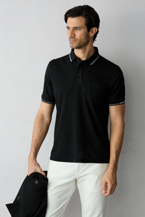 Siyah Polo Yaka Regular Fit Ribana Detaylı Nakışlı Cepli Tişört