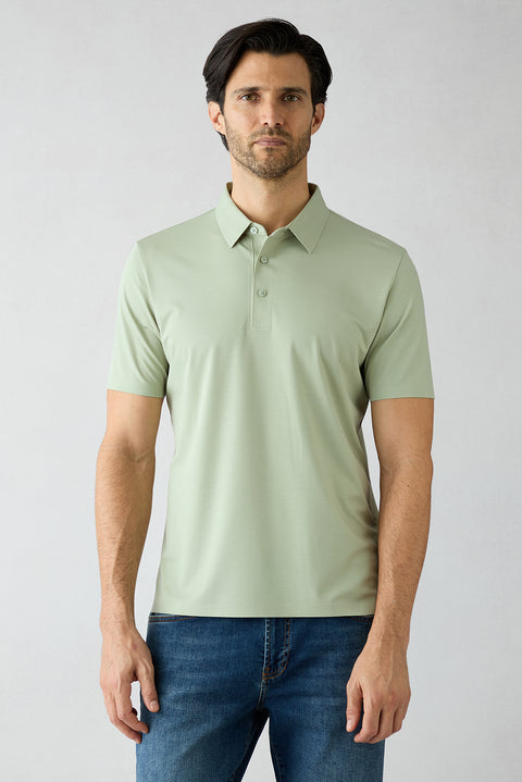 Küf Yeşili Dikişsiz Regular Fit Polo Yaka Örme Lyocell İpek Karışımlı Tişört