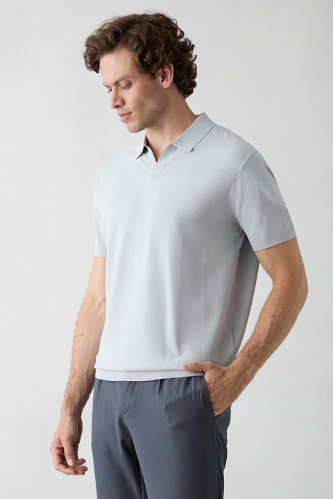 Açık Gri Düğmesiz Polo Yaka Regular Fit Desenli Örme Tişört