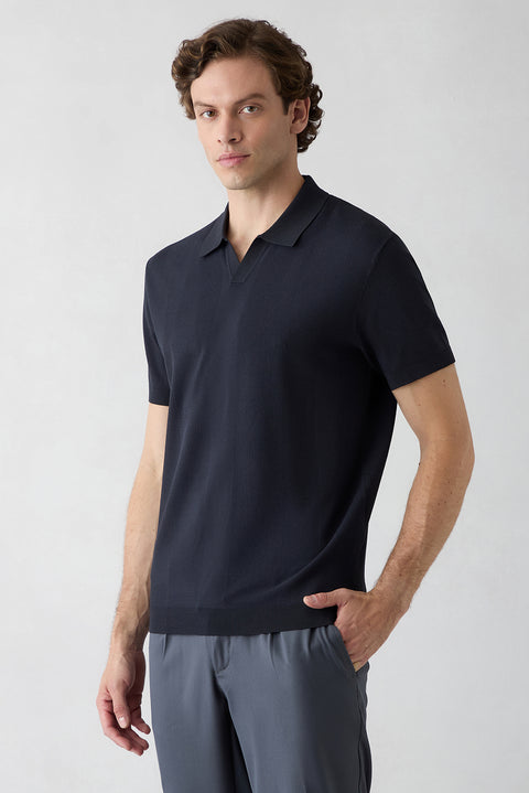 Açık Lacivert Düğmesiz Polo Yaka Regular Fit Desenli Örme Tişört