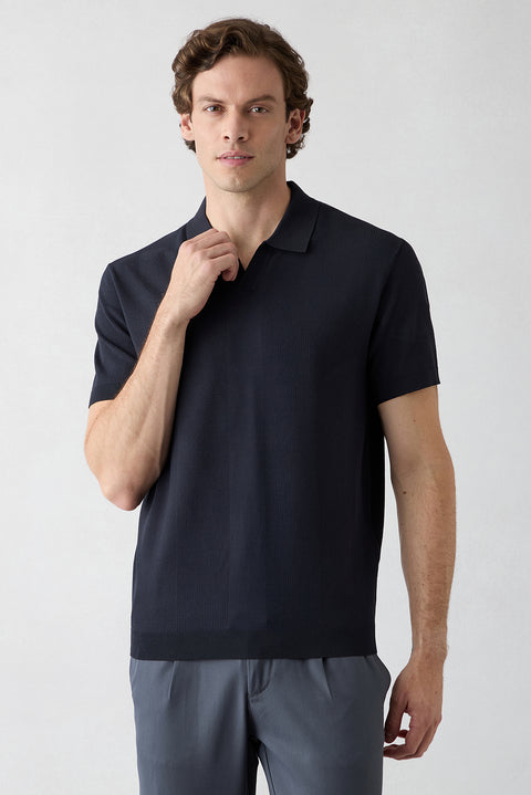 Açık Lacivert Düğmesiz Polo Yaka Regular Fit Desenli Örme Tişört