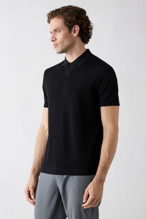Siyah Regular Fit Düğmeli Polo Yaka Örme Tişört