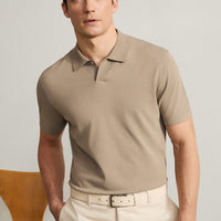 Medium Mink Regular Fit Button-Up Polo Collar Knit T-Shirt