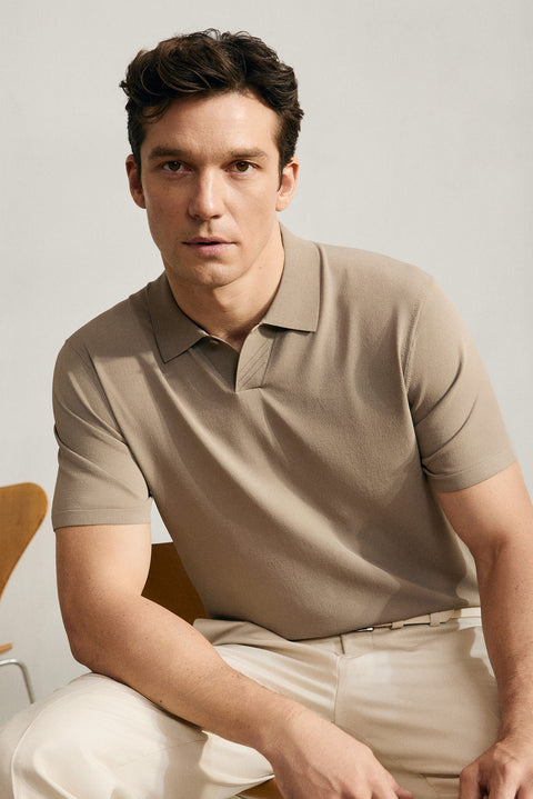 Medium Mink Regular Fit Button-Up Polo Collar Knit T-Shirt