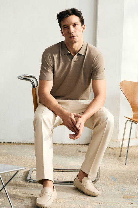 Medium Mink Regular Fit Button-Up Polo Collar Knit T-Shirt