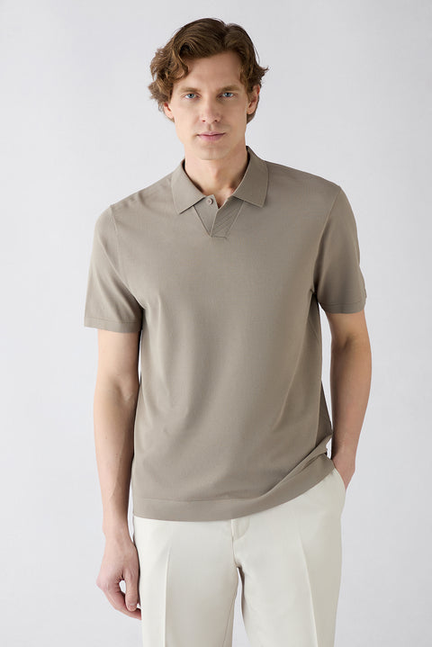 Medium Mink Regular Fit Button-Up Polo Collar Knit T-Shirt